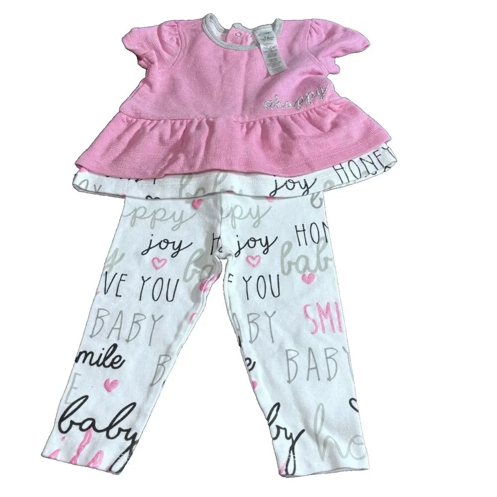 Boppy girls  Pink Top & Printed white Leggins 2 piece outfit Size 9 months